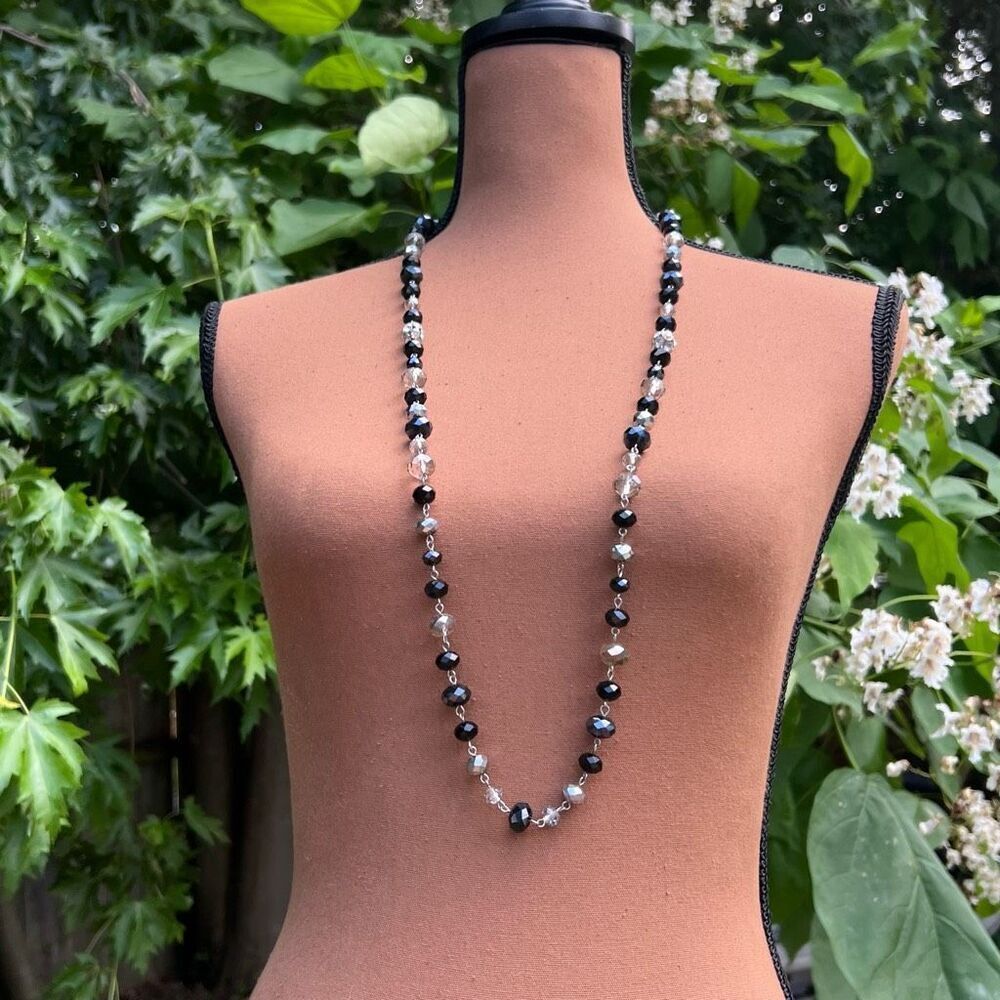 Long Necklace, Linked Beads Gunmetal, Black, Clear, Silver, Lobster Claw Closure